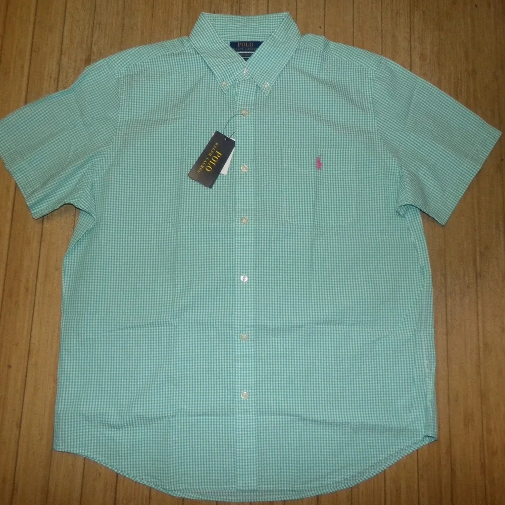 Polo Ralph Lauren Mens SZ LRG Gingham S/S Button Up Shirt Green Pink Pony